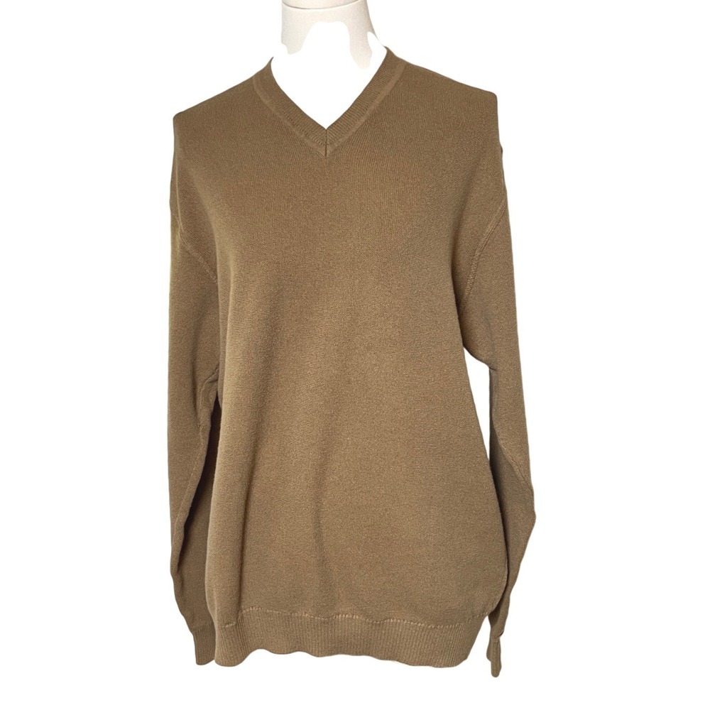 Classic Cotton Cashmere V-Neck Sweater Tan Brown Talbots Mens L